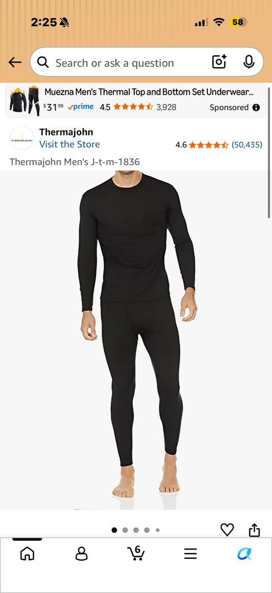Thermajohn Men's Thermal Underwear Fleece Lined Base Layer (Size Large)