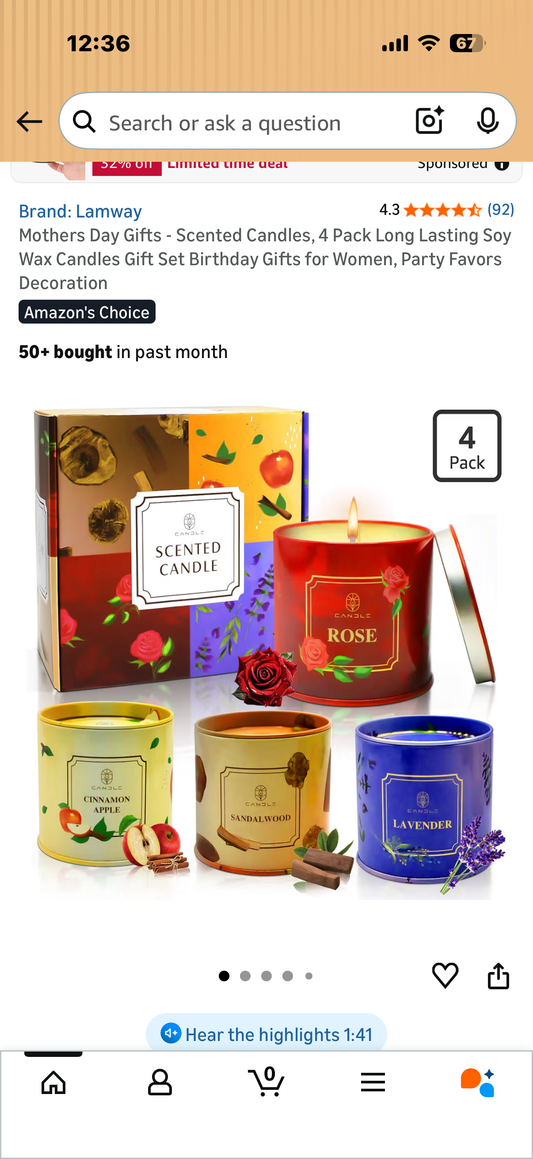 Mothers Day Gifts - Scented Candles, 4 Pack Long Lasting Soy Wax Candles Gift Set Birthday Gifts for Women, Party Favors Decoration