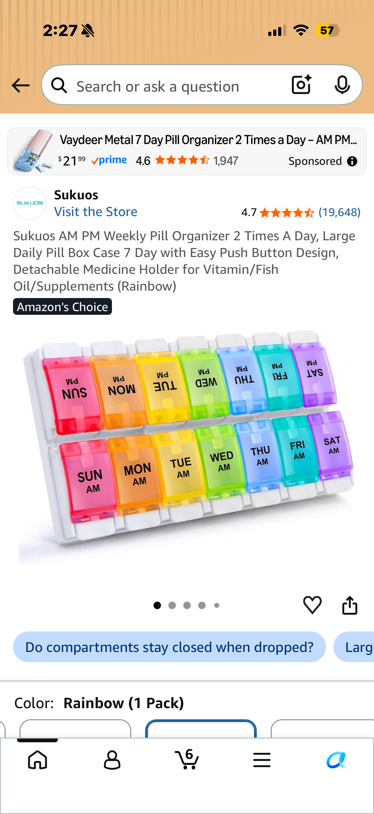 Sukuos AM PM Weekly Pill Organizer 2 Times A Day, Large Daily Pill Box Case 7 Day with Easy Push Button Design, Detachable Medicine Holder for Vitamin/Fish Oil/Supplements (Rainbow