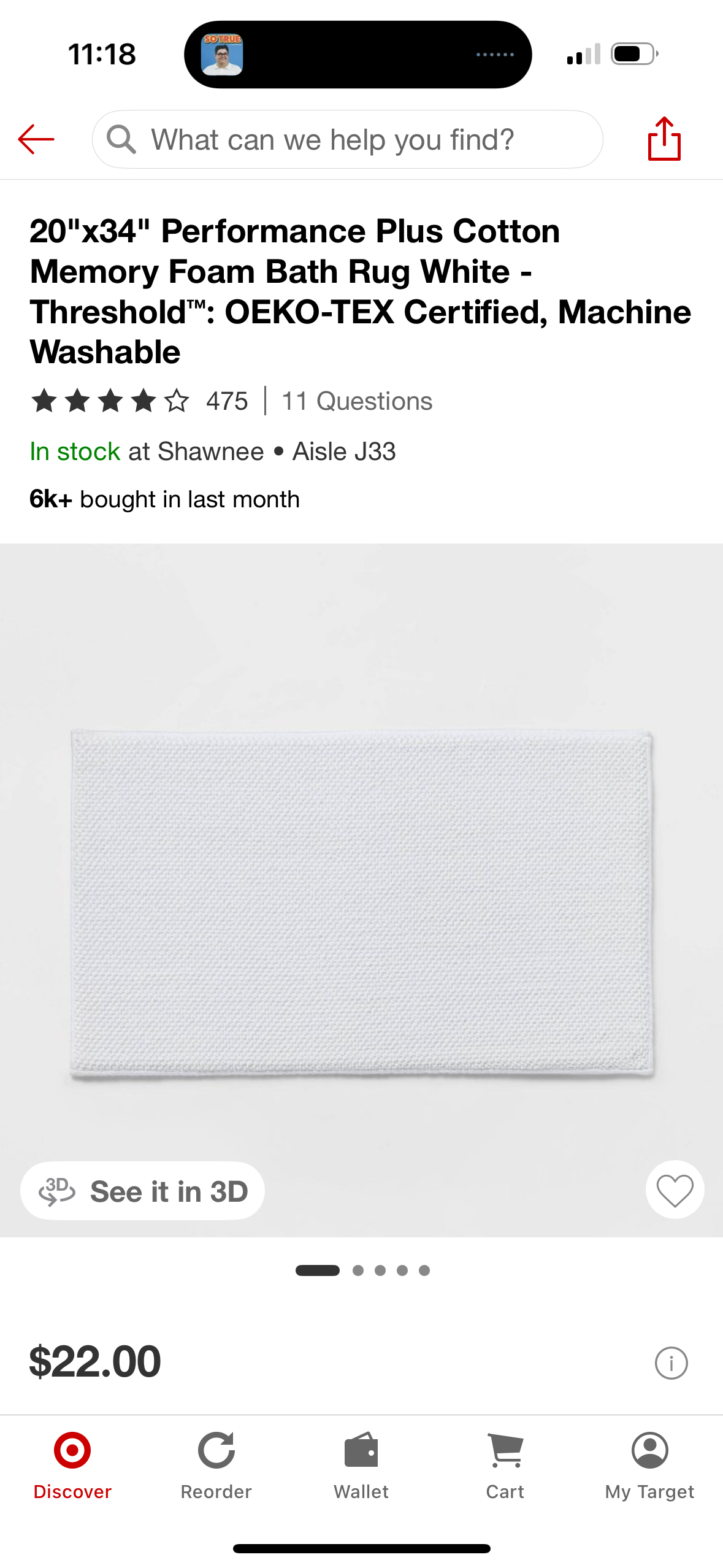 20"x34" Performance Plus Cotton Memory Foam Bath Rug White - Threshold™: OEKO-TEX Certified, Machine Washable