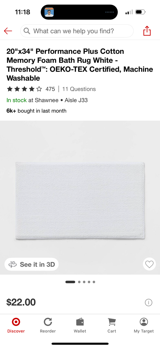 20"x34" Performance Plus Cotton Memory Foam Bath Rug White - Threshold™: OEKO-TEX Certified, Machine Washable