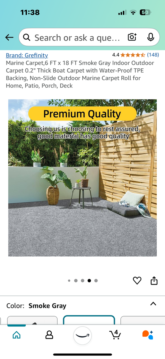 New - 6' x 18' Marine Carpet Smoke Grey Outdoor Rug For Patio/Porch/Deck/Boat (G632)