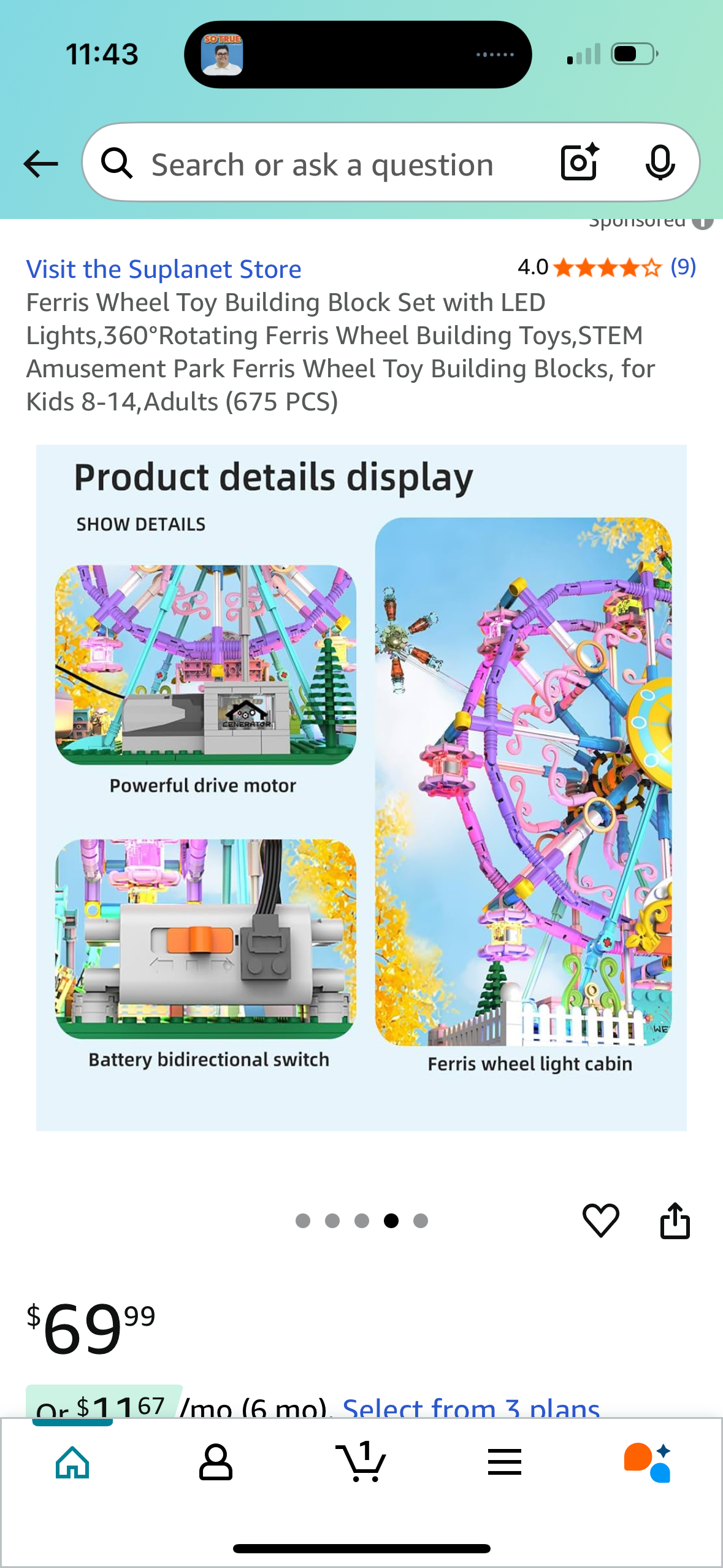 Ferris Wheel Toy Building Block Set with LED Lights,360°Rotating Ferris Wheel Building Toys,STEM Amusement Park Ferris Wheel Toy Building Blocks, for Kids 8-14,Adults (675 PCS)