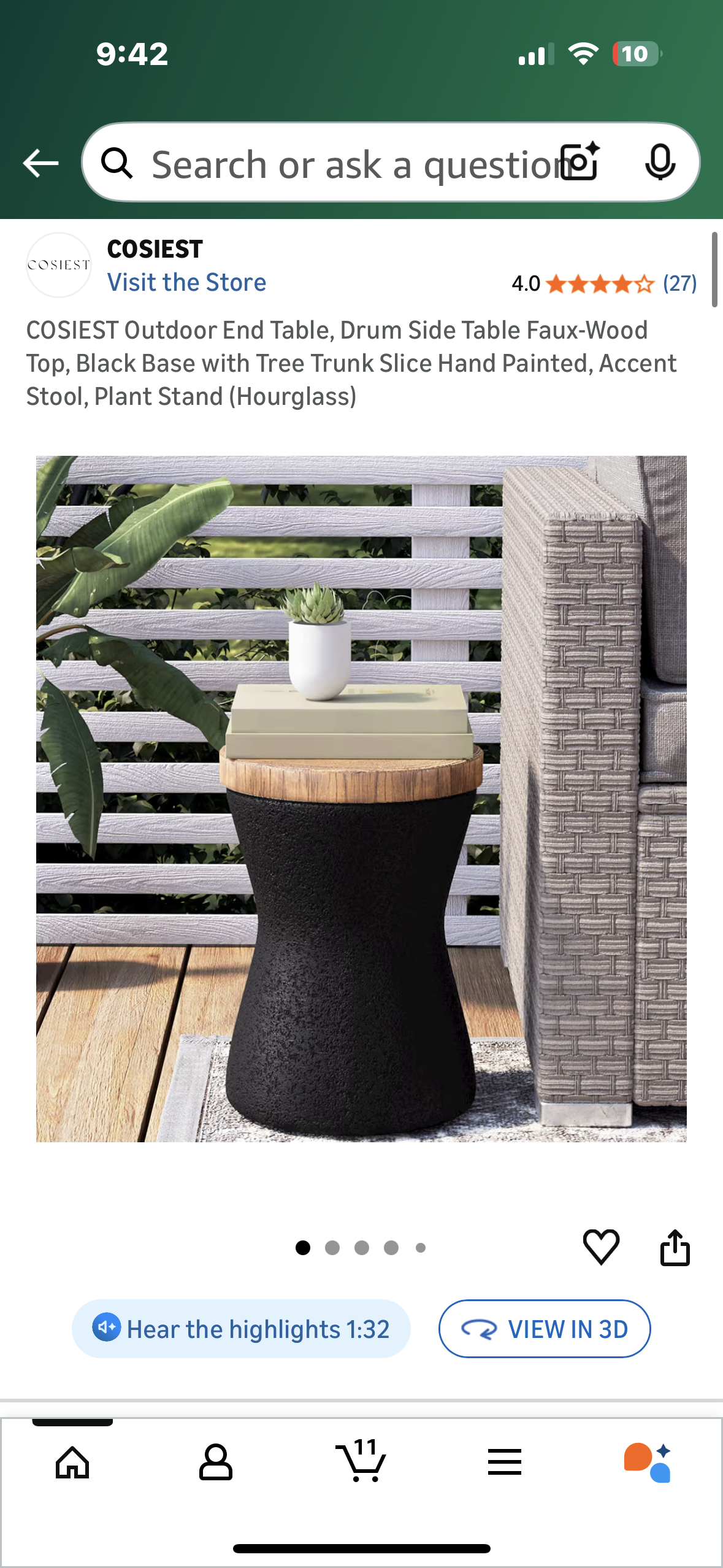 COSIEST Outdoor End Table, Faux-Wood Top, Black Base with Tree Trunk Slice Hand Painted, Accent Stool, Plant Stand, Decor (Hourglass) (L1099)
