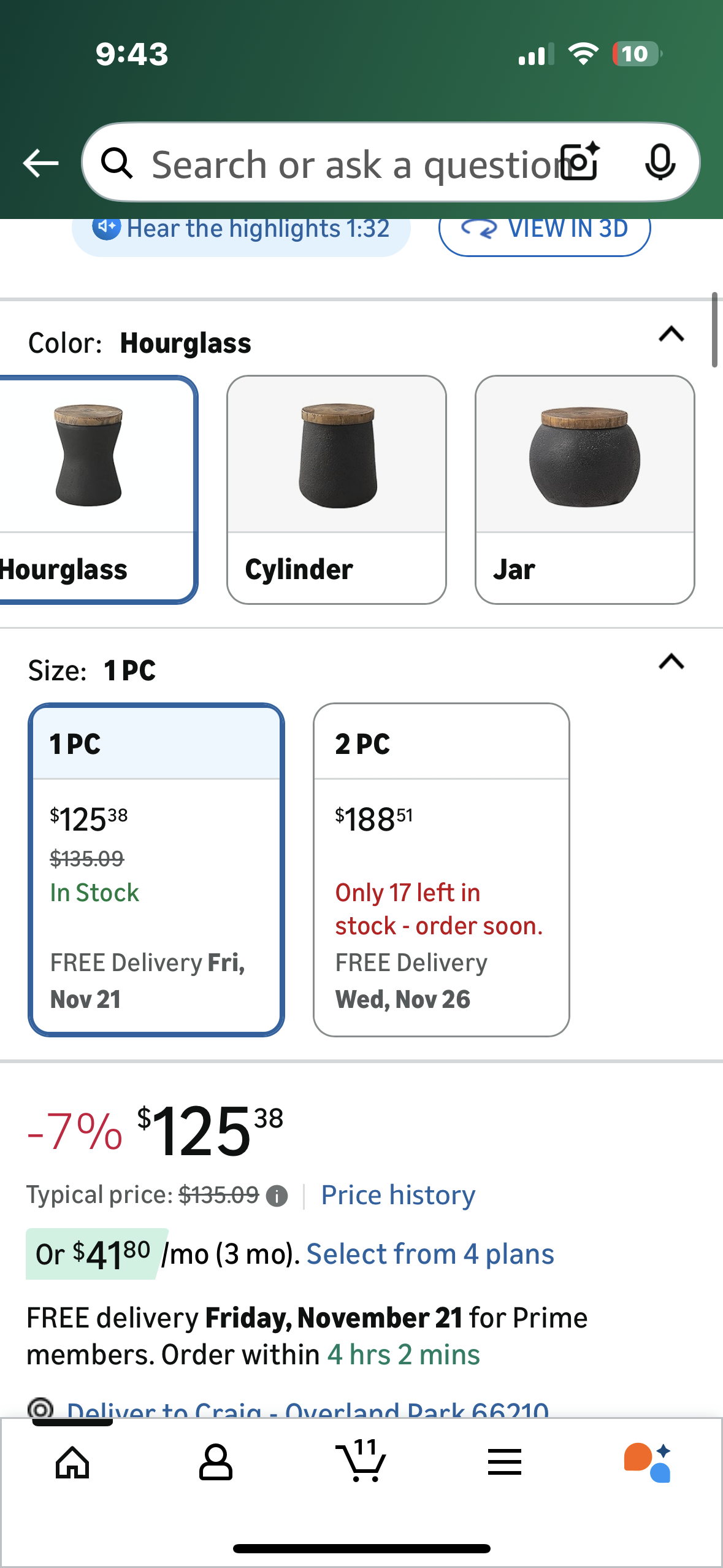 COSIEST Outdoor End Table, Faux-Wood Top, Black Base with Tree Trunk Slice Hand Painted, Accent Stool, Plant Stand, Decor (Hourglass) (L1099)