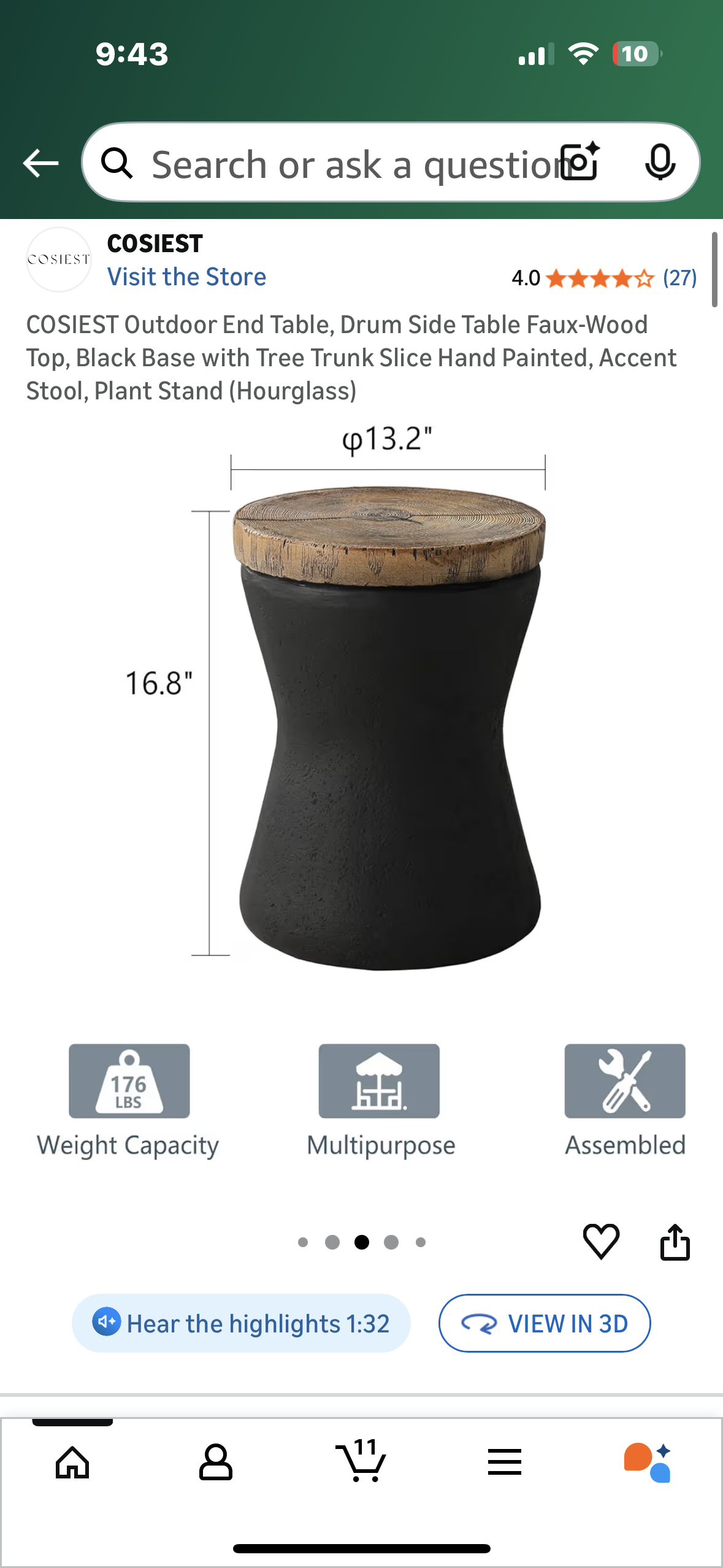 COSIEST Outdoor End Table, Faux-Wood Top, Black Base with Tree Trunk Slice Hand Painted, Accent Stool, Plant Stand, Decor (Hourglass) (L1099)