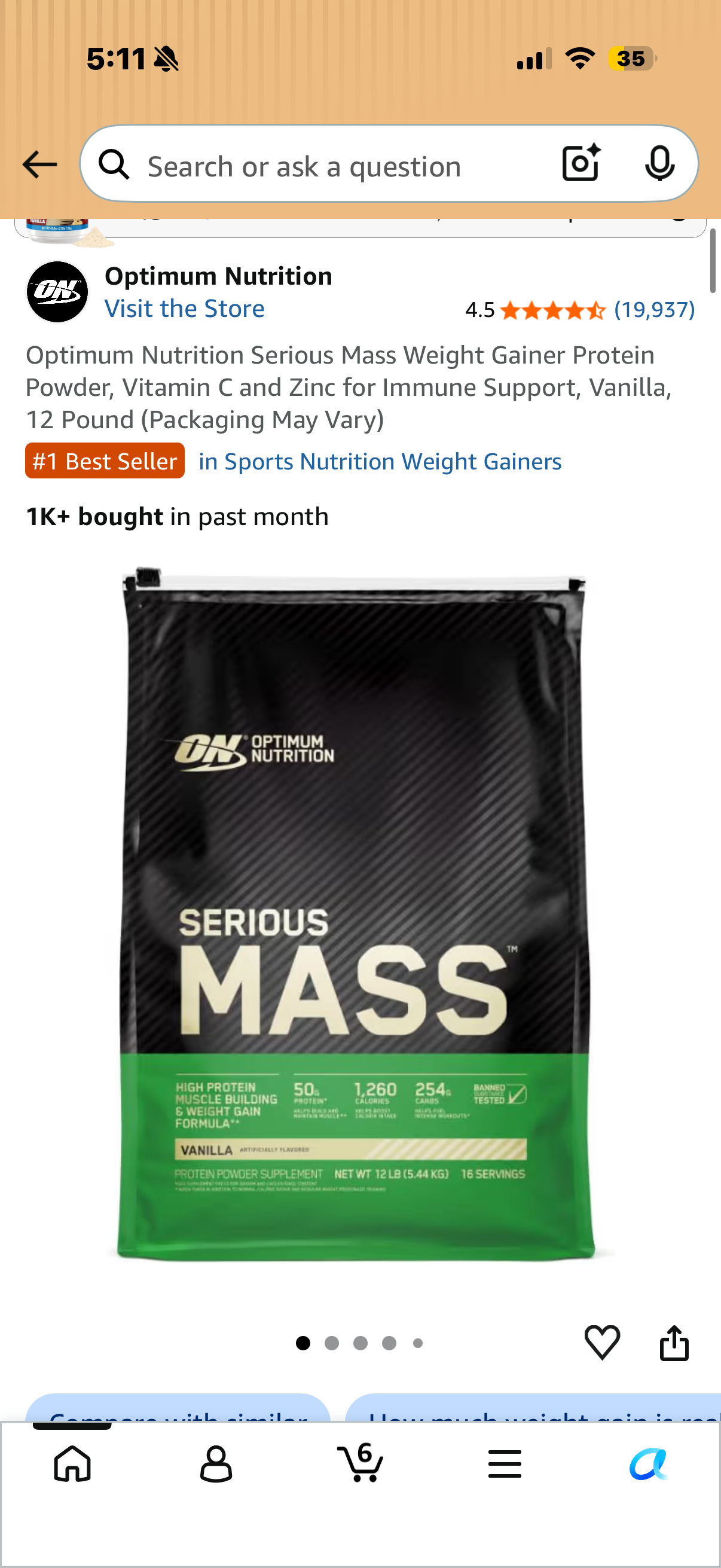 Optimum Nutrition Serious Mass Weight Gainer Protein Powder, Vitamin C and Zinc for Immune Support, Vanilla, 12 Pound (Packaging May Vary