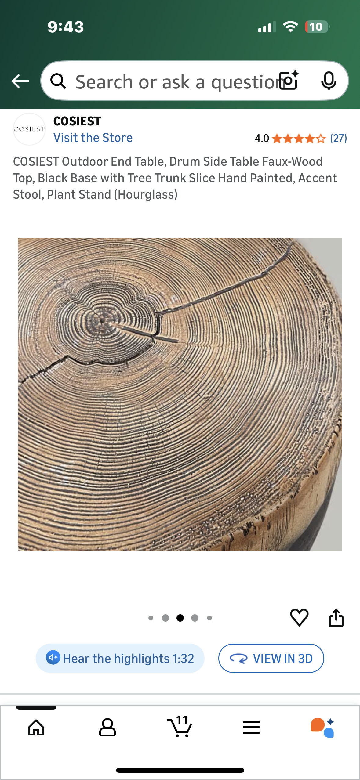 COSIEST Outdoor End Table, Faux-Wood Top, Black Base with Tree Trunk Slice Hand Painted, Accent Stool, Plant Stand, Decor (Hourglass) (L1099)