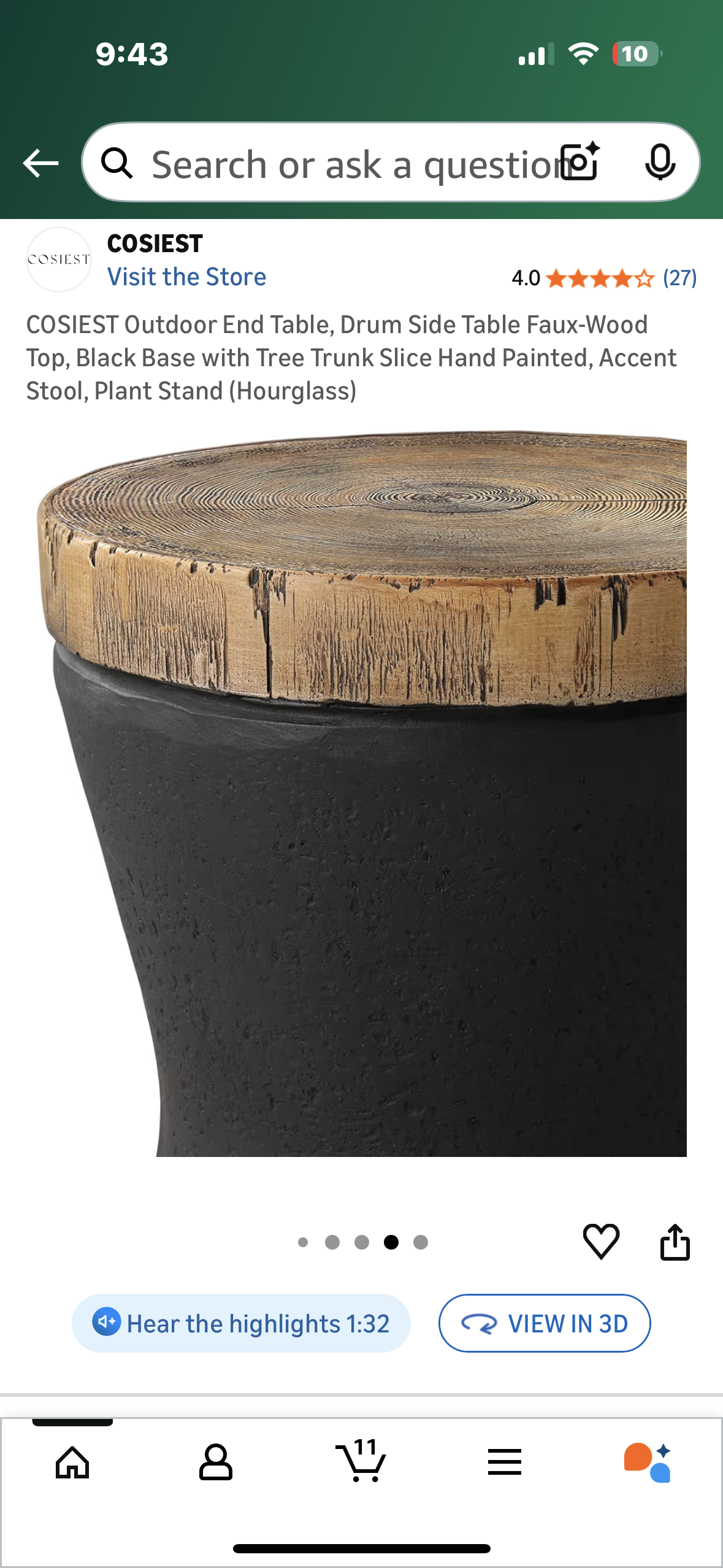 COSIEST Outdoor End Table, Faux-Wood Top, Black Base with Tree Trunk Slice Hand Painted, Accent Stool, Plant Stand, Decor (Hourglass) (L1099)