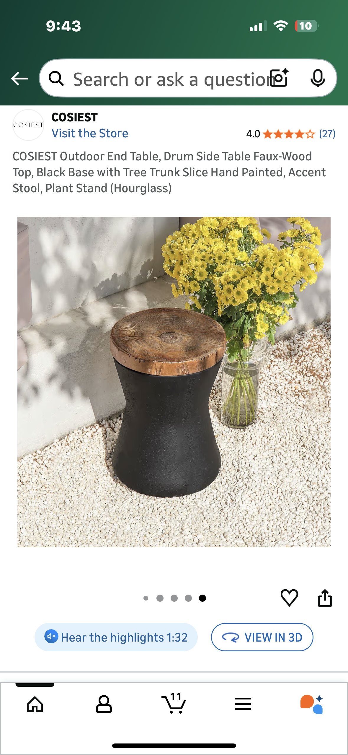 COSIEST Outdoor End Table, Faux-Wood Top, Black Base with Tree Trunk Slice Hand Painted, Accent Stool, Plant Stand, Decor (Hourglass) (L1099)