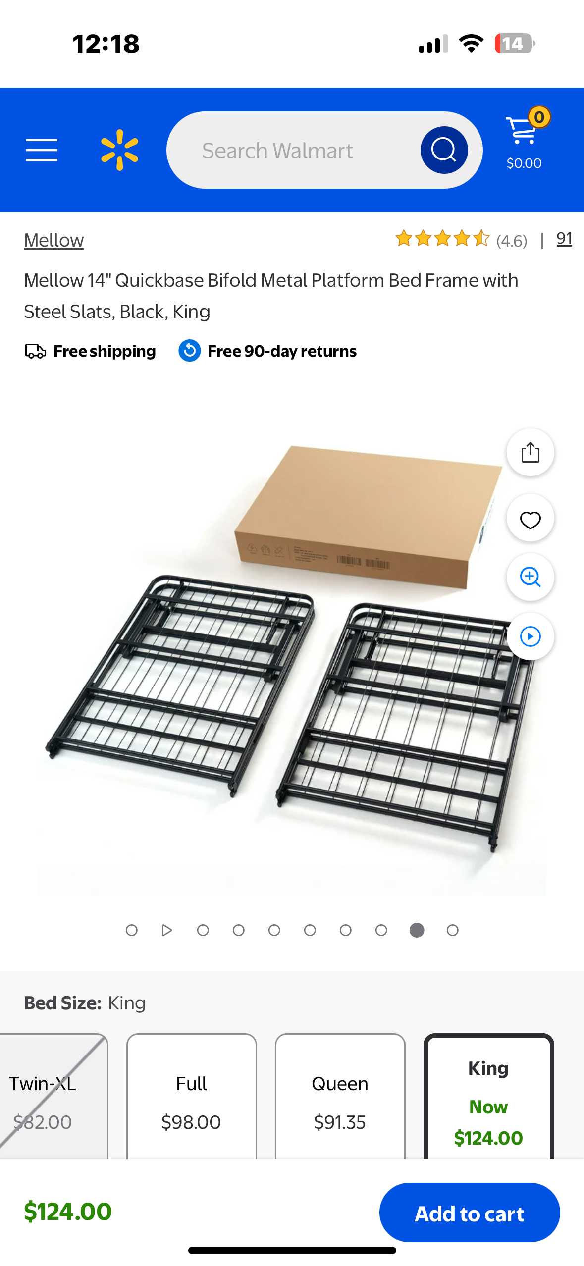 Mellow 14" Quickbase Bifold Metal Platform Bed Frame with Steel Slats, Black, King (B1050)