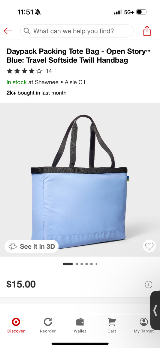 Daypack Packing Tote Bag - Open Story™ Blue: Travel Softside Twill Handbag