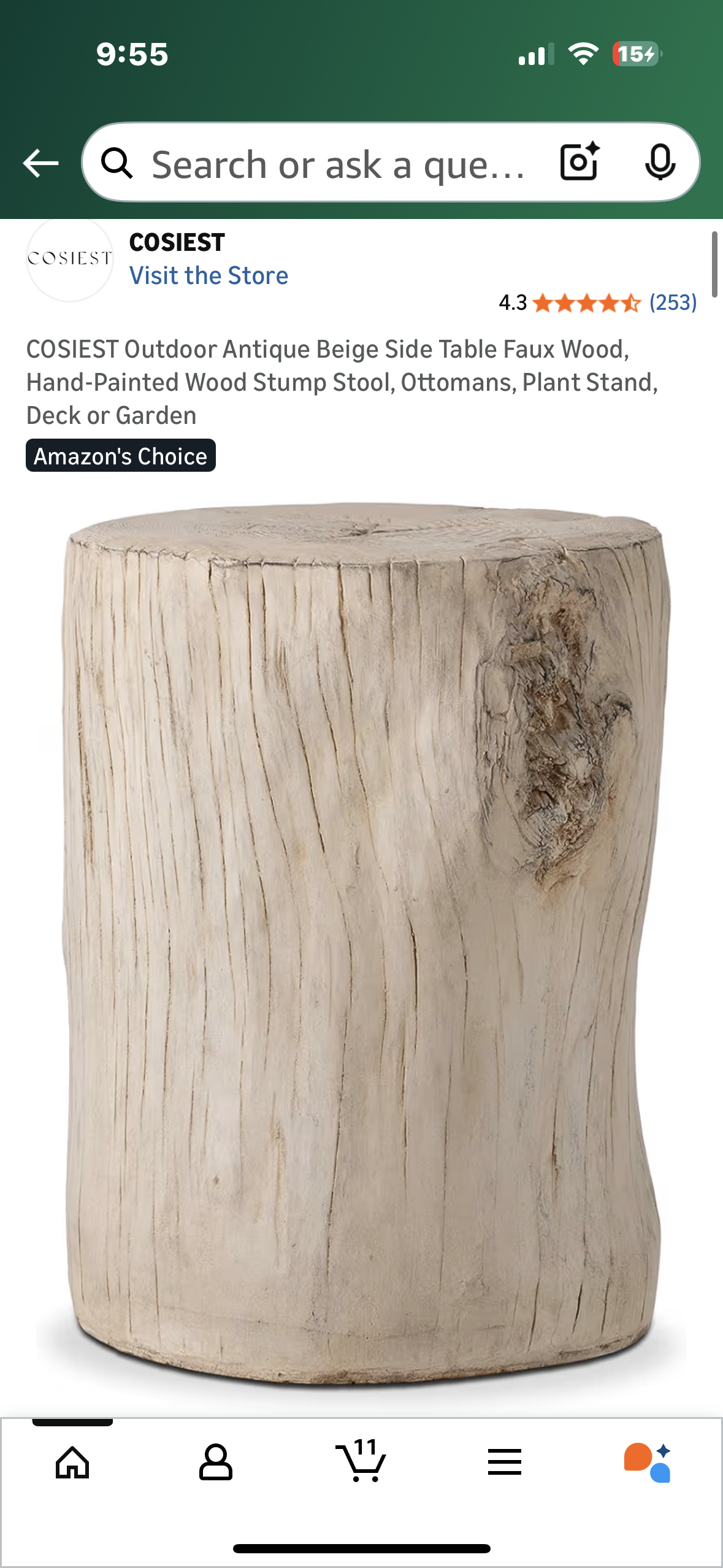 COSIEST Outdoor Antique Beige Side Table, Faux Wood, Hand-Painted Wood Stump Stool, Ottomans, Plant Stand, Decor (L1100)