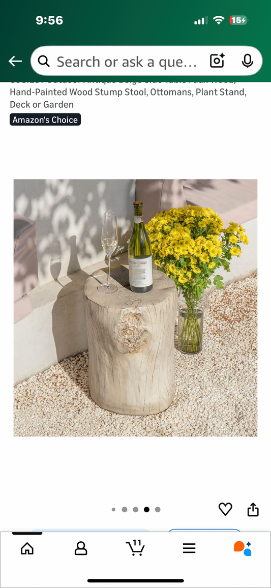 COSIEST Outdoor Antique Beige Side Table, Faux Wood, Hand-Painted Wood Stump Stool, Ottomans, Plant Stand, Decor (L1100)