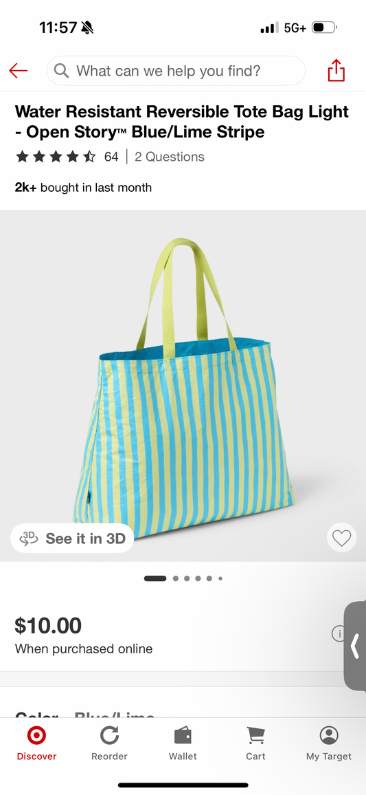 Water Resistant Reversible Tote Bag Light - Open Story™ Blue/Lime Stripe
