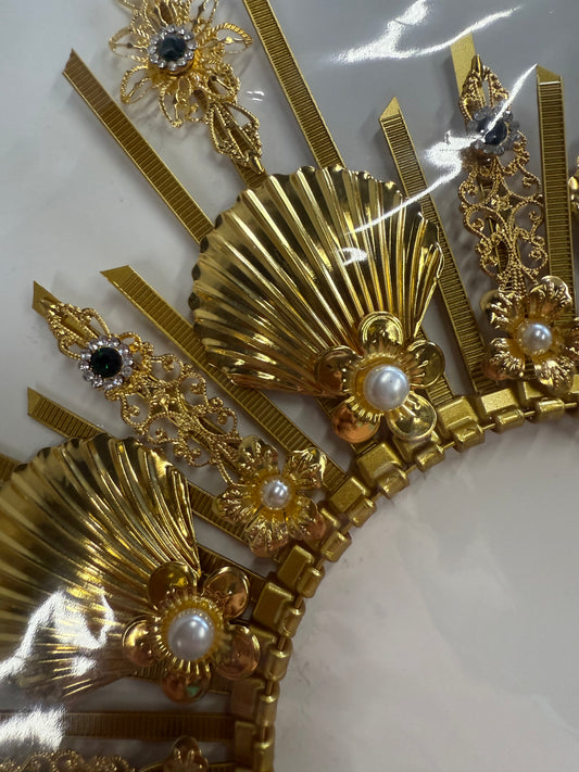 Zivyes Gold Shell Halo Crown for Women Zip Tie Gold Glitter Pearl Crown Wedding Halo Crown Halloween Headpiece
