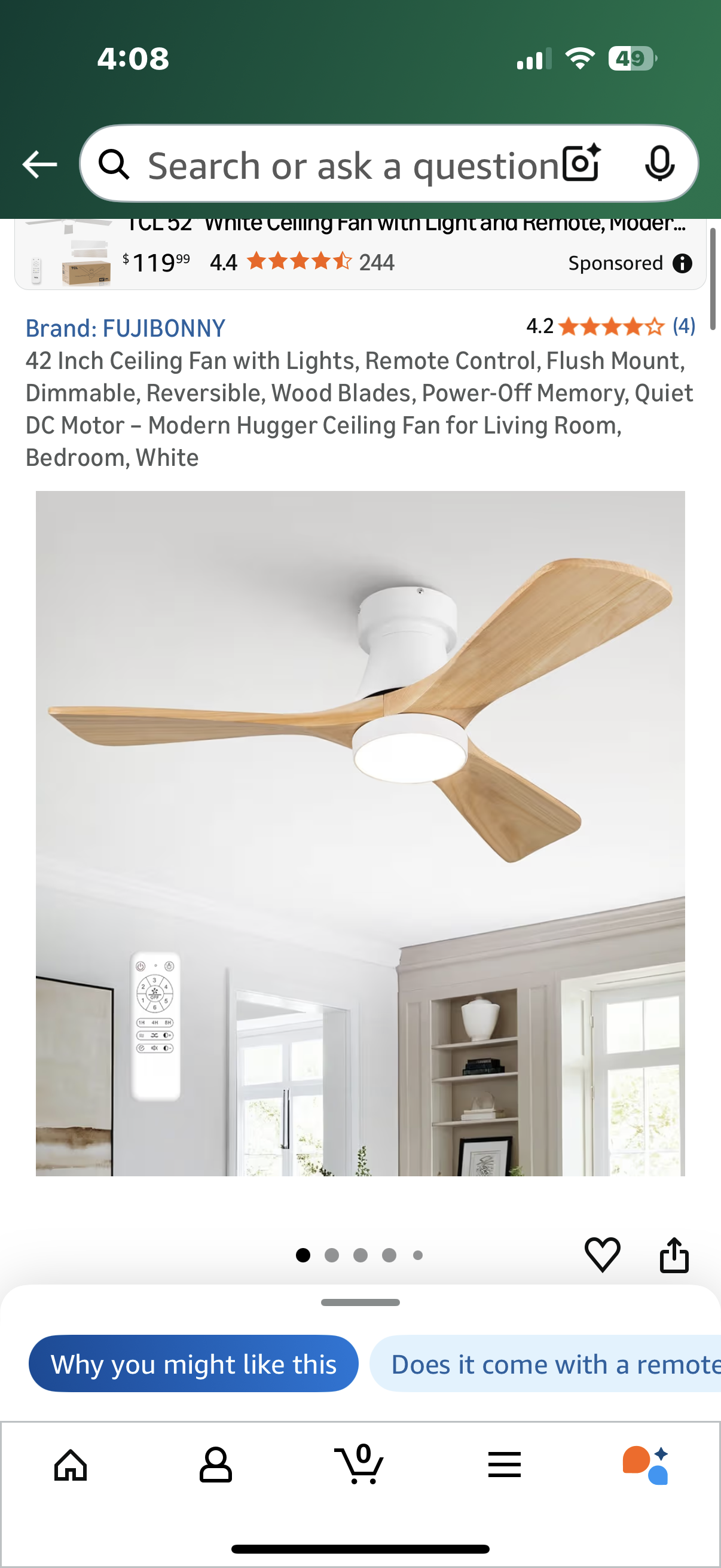 42 Inch Ceiling Fan with Lights, Remote Control, Flush Mount, Dimmable, Reversible, Wood Blades, Power-Off Memory, Quiet DC Motor – Modern Hugger Ceiling Fan for Living Room, Bedroom, White