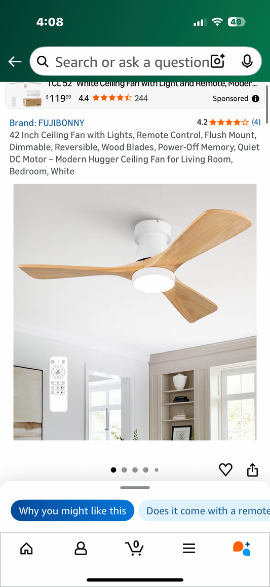 42 Inch Ceiling Fan with Lights, Remote Control, Flush Mount, Dimmable, Reversible, Wood Blades, Power-Off Memory, Quiet DC Motor – Modern Hugger Ceiling Fan for Living Room, Bedroom, White