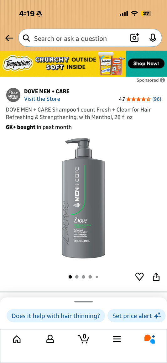 DOVE MEN + CARE 2 in 1 Shampoo + Conditioner 1 count Fresh + Clean for Hair Refreshing & Strengthening, with Menthol, 28 fl oz