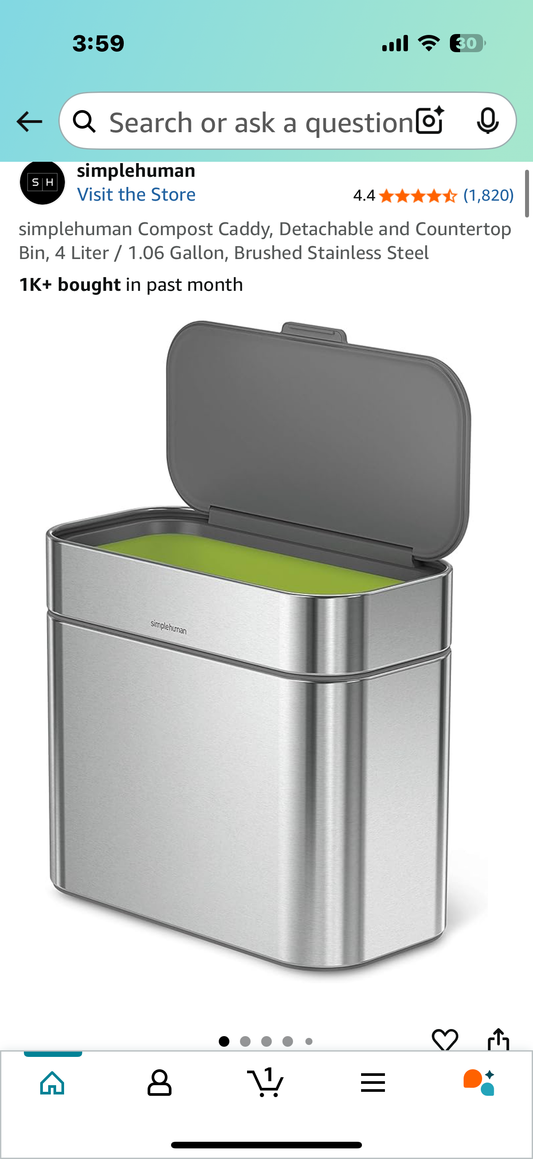 simplehuman Compost Caddy, Detachable and Countertop Bin, 4 Liter / 1.06 Gallon, Brushed Stainless Steel