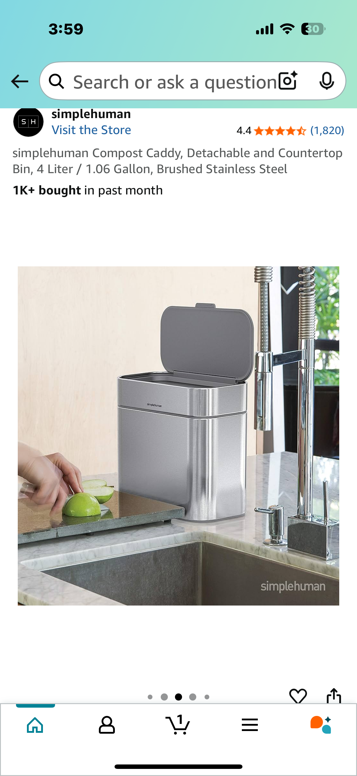 simplehuman Compost Caddy, Detachable and Countertop Bin, 4 Liter / 1.06 Gallon, Brushed Stainless Steel