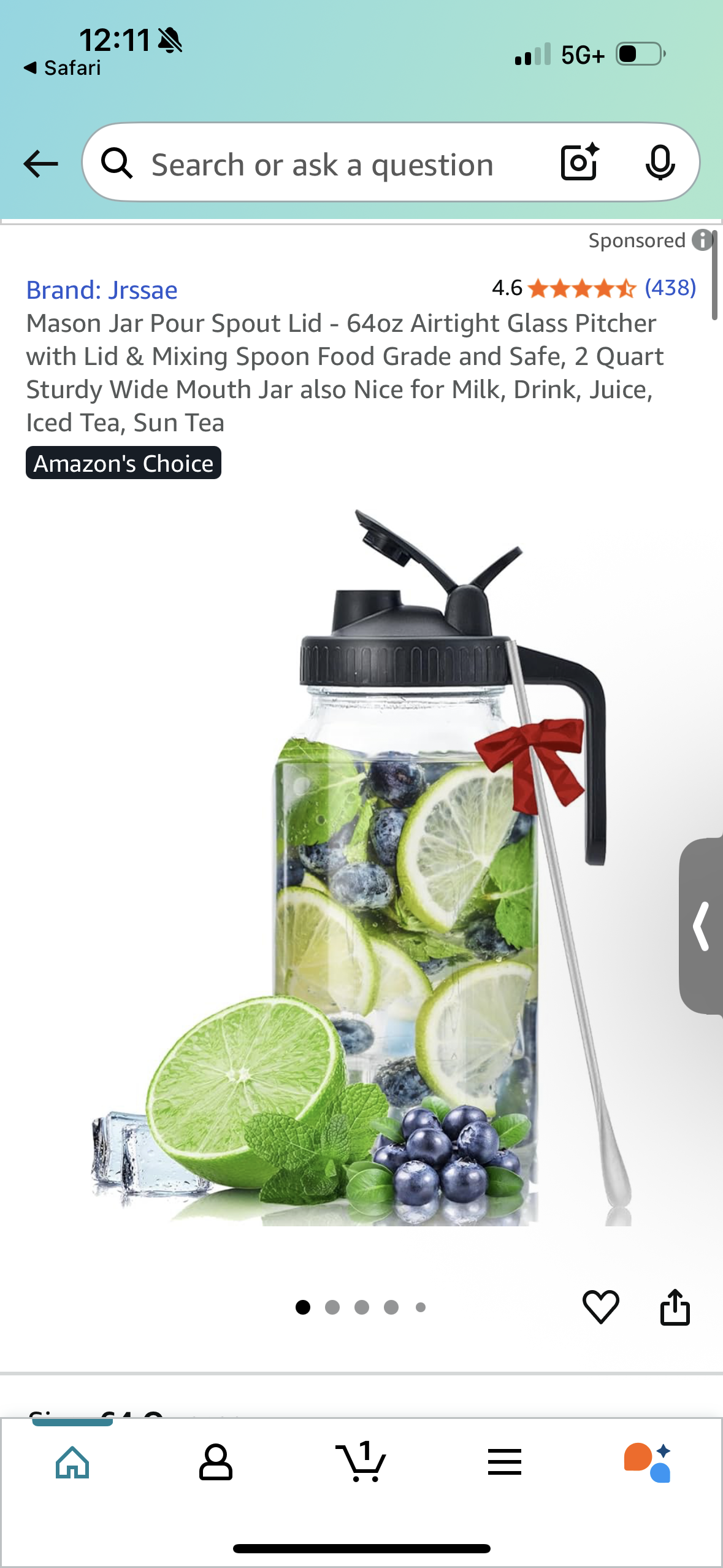 Mason Jar Pour Spout Lid - 64oz Airtight Glass Pitcher with Lid & Mixing Spoon Food Grade and Safe, 2 Quart Sturdy Wide Mouth Jar also Nice for Milk, Drink, Juice, Iced Tea, Sun Tea