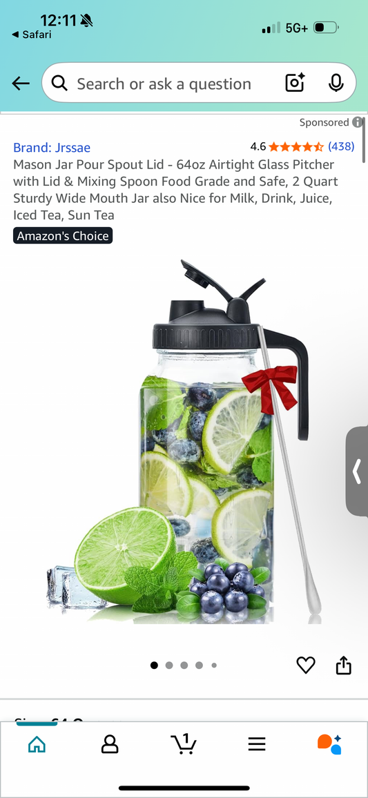 Mason Jar Pour Spout Lid - 64oz Airtight Glass Pitcher with Lid & Mixing Spoon Food Grade and Safe, 2 Quart Sturdy Wide Mouth Jar also Nice for Milk, Drink, Juice, Iced Tea, Sun Tea