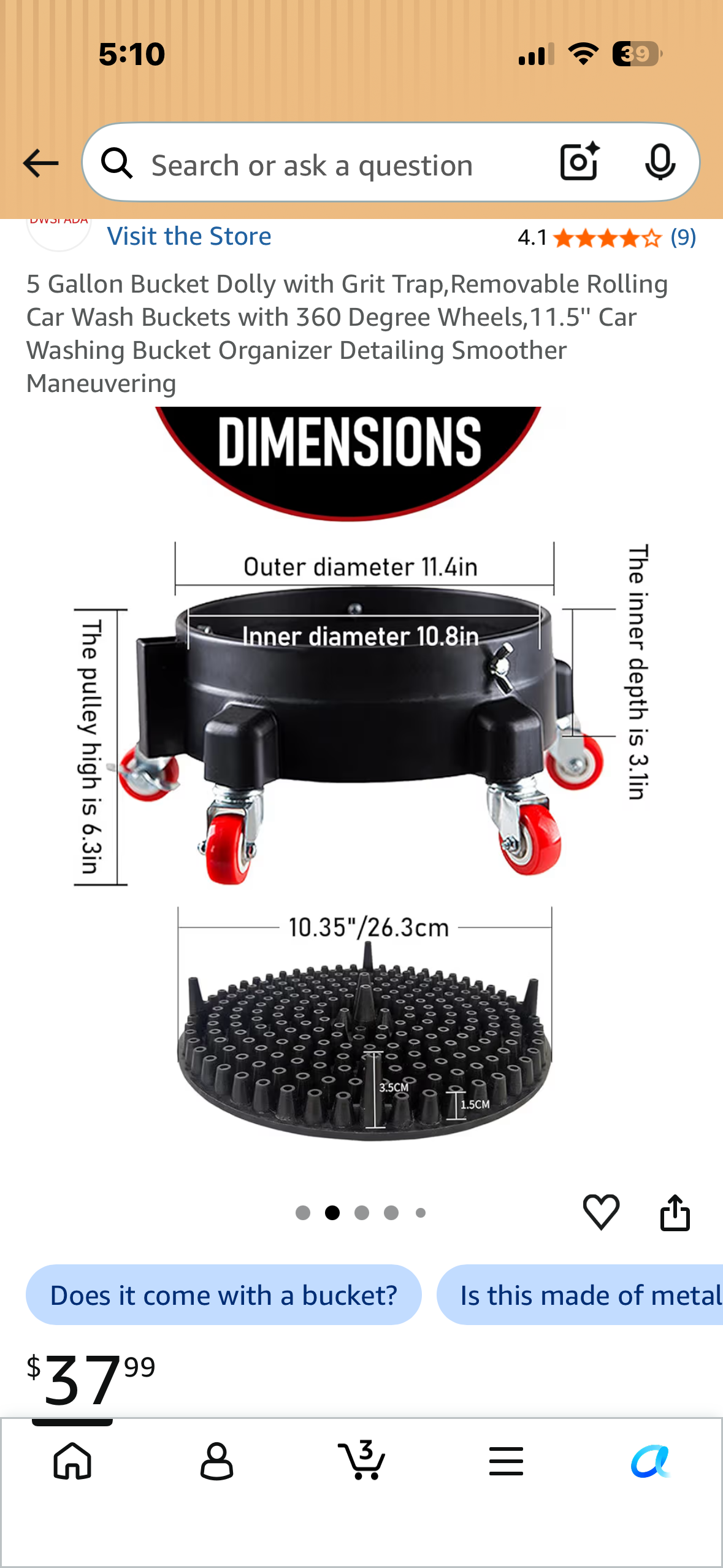 5 Gallon Bucket Dolly with Grit Trap, Removable Rolling Bucket with 360 Degree Wheels, 11.5''