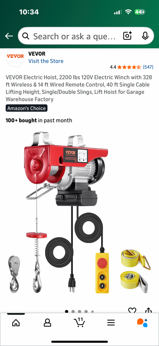 VEVOR Electric Hoist, 2200 lbs 120V Electric Winch with 328 ft, Wireless & 14 ft Wired, Remote Control, 40 ft Single Cable Lifting Height, Single/Double Slings, Lift Hoist for Garage, Warehouse, Factory (G910)