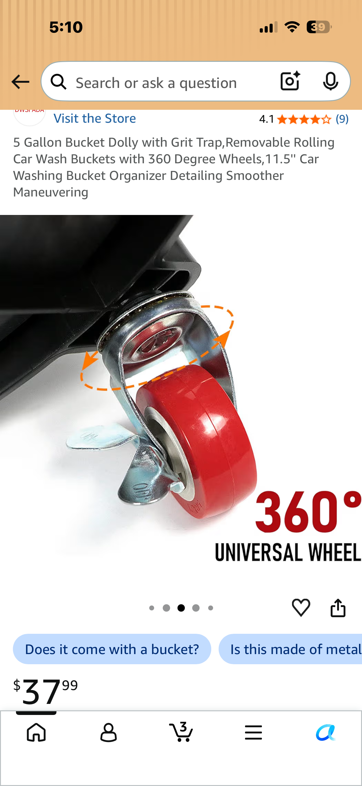 5 Gallon Bucket Dolly with Grit Trap, Removable Rolling Bucket with 360 Degree Wheels, 11.5''