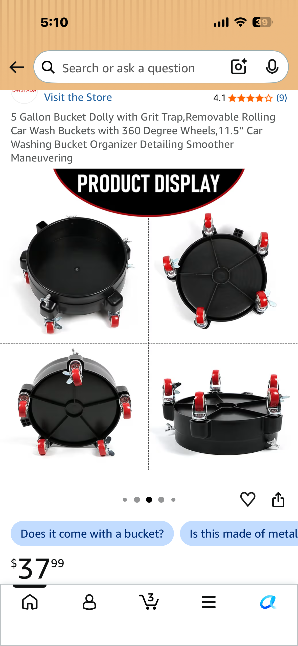 5 Gallon Bucket Dolly with Grit Trap, Removable Rolling Bucket with 360 Degree Wheels, 11.5''