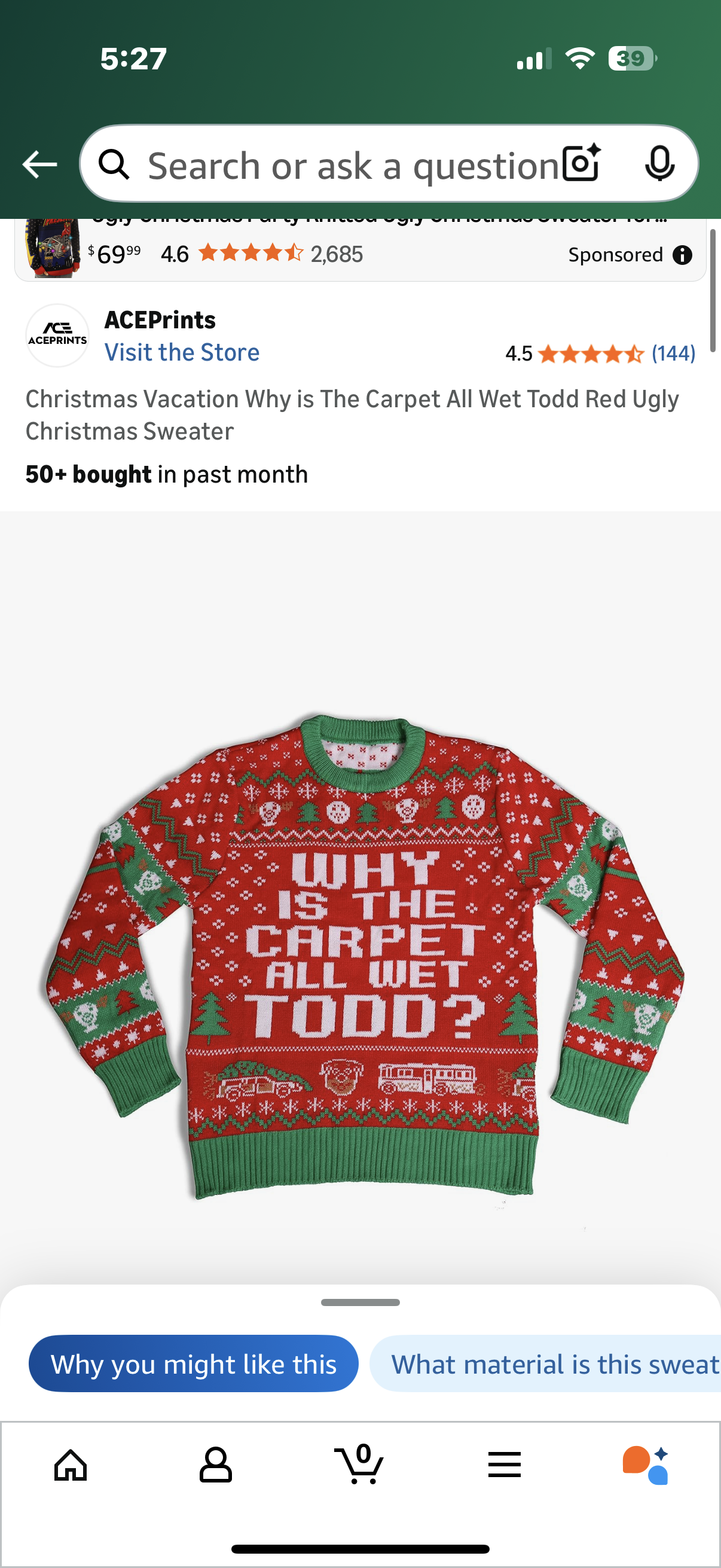 Christmas Vacation Why is The Carpet All Wet Todd Red Ugly Christmas Sweater (Size Large)