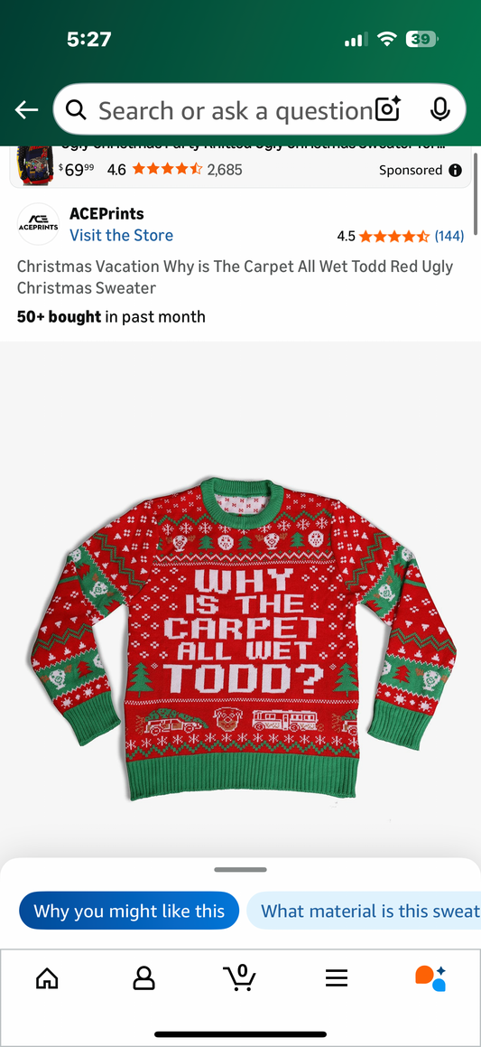 Christmas Vacation Why is The Carpet All Wet Todd Red Ugly Christmas Sweater (Size Large)