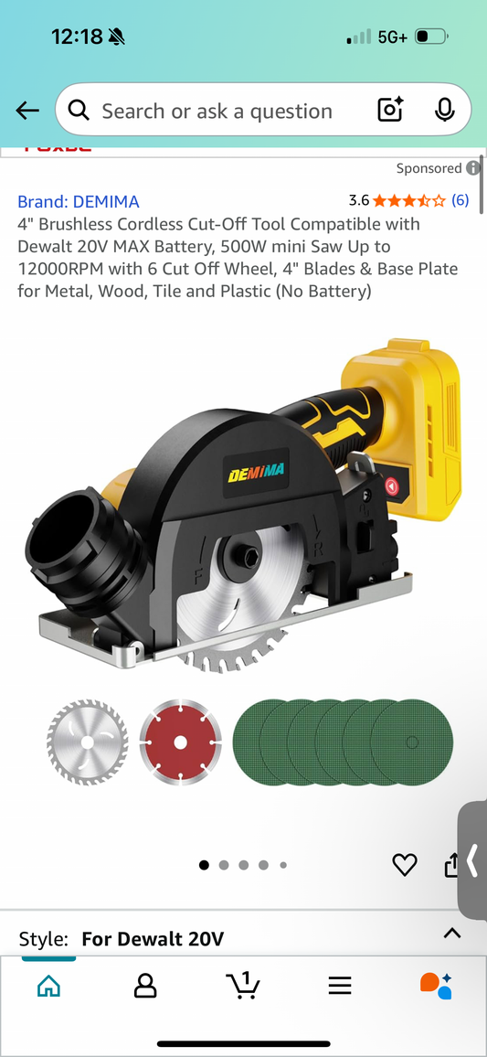 4" Brushless Cordless Cut-Off Tool Compatible with Dewalt 20V MAX Battery, 500W mini Saw Up to 12000RPM with 6 Cut Off Wheel, 4" Blades & Base Plate for Metal, Wood, Tile and Plastic (No Battery)