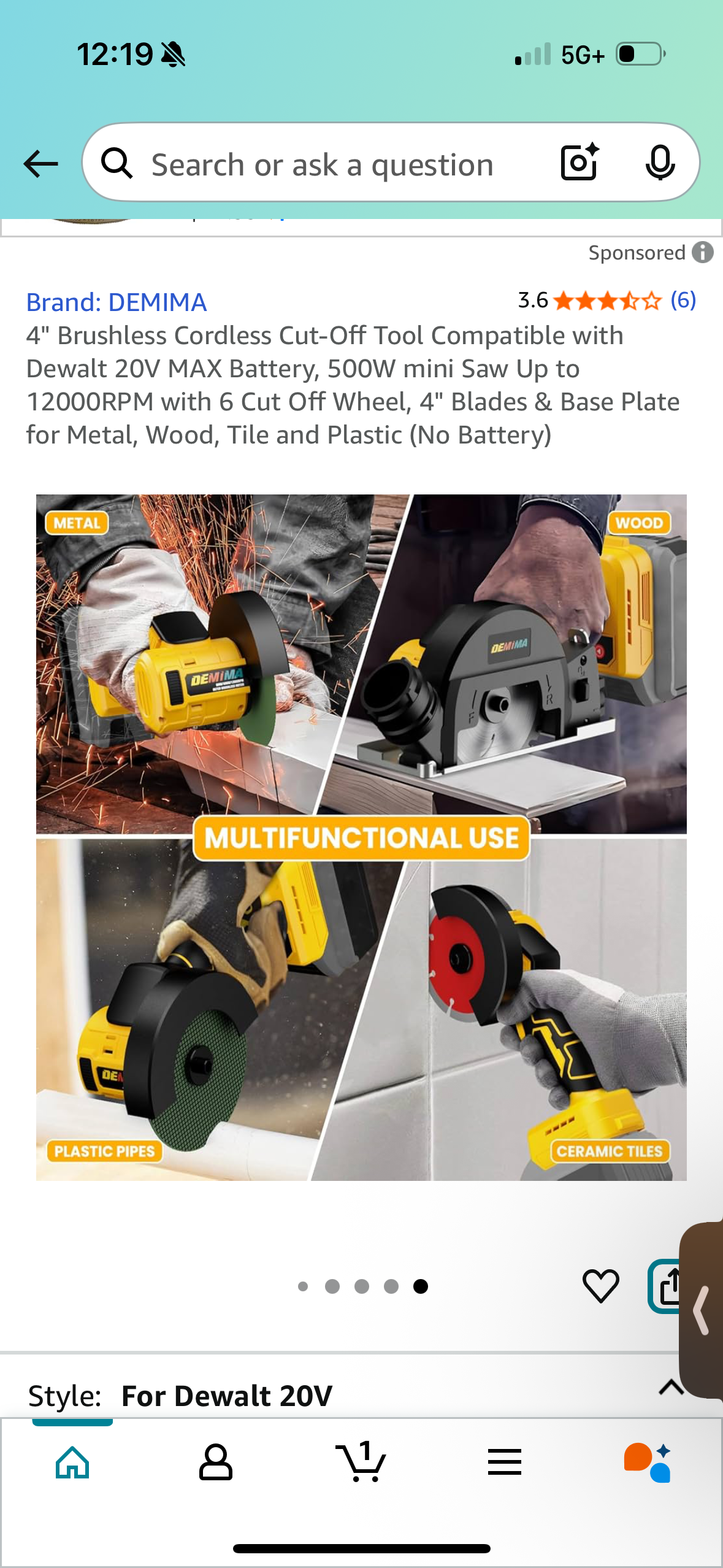 4" Brushless Cordless Cut-Off Tool Compatible with Dewalt 20V MAX Battery, 500W mini Saw Up to 12000RPM with 6 Cut Off Wheel, 4" Blades & Base Plate for Metal, Wood, Tile and Plastic (No Battery)