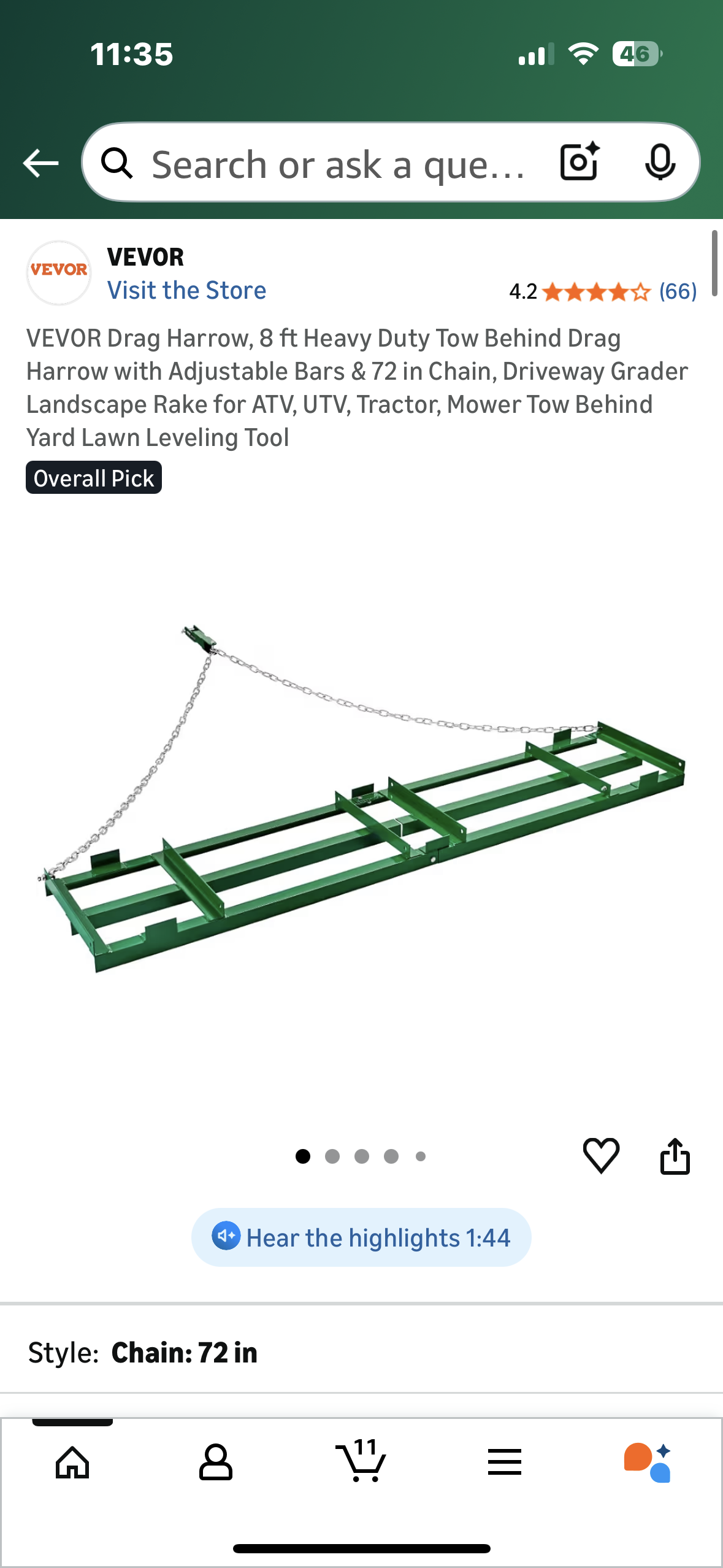 VEVOR Drag Harrow, 8 ft Heavy Duty Tow Behind Drag Harrow with Adjustable Bars & 72 in Chain, Driveway Grader, Landscape Rake, for ATV, UTV, Tractor, Mower, Tow Behind Yard Lawn Leveling Tool (G912)