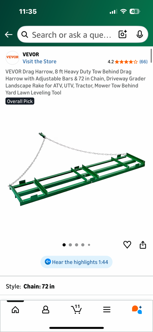 VEVOR Drag Harrow, 8 ft Heavy Duty Tow Behind Drag Harrow with Adjustable Bars & 72 in Chain, Driveway Grader, Landscape Rake, for ATV, UTV, Tractor, Mower, Tow Behind Yard Lawn Leveling Tool (G912)