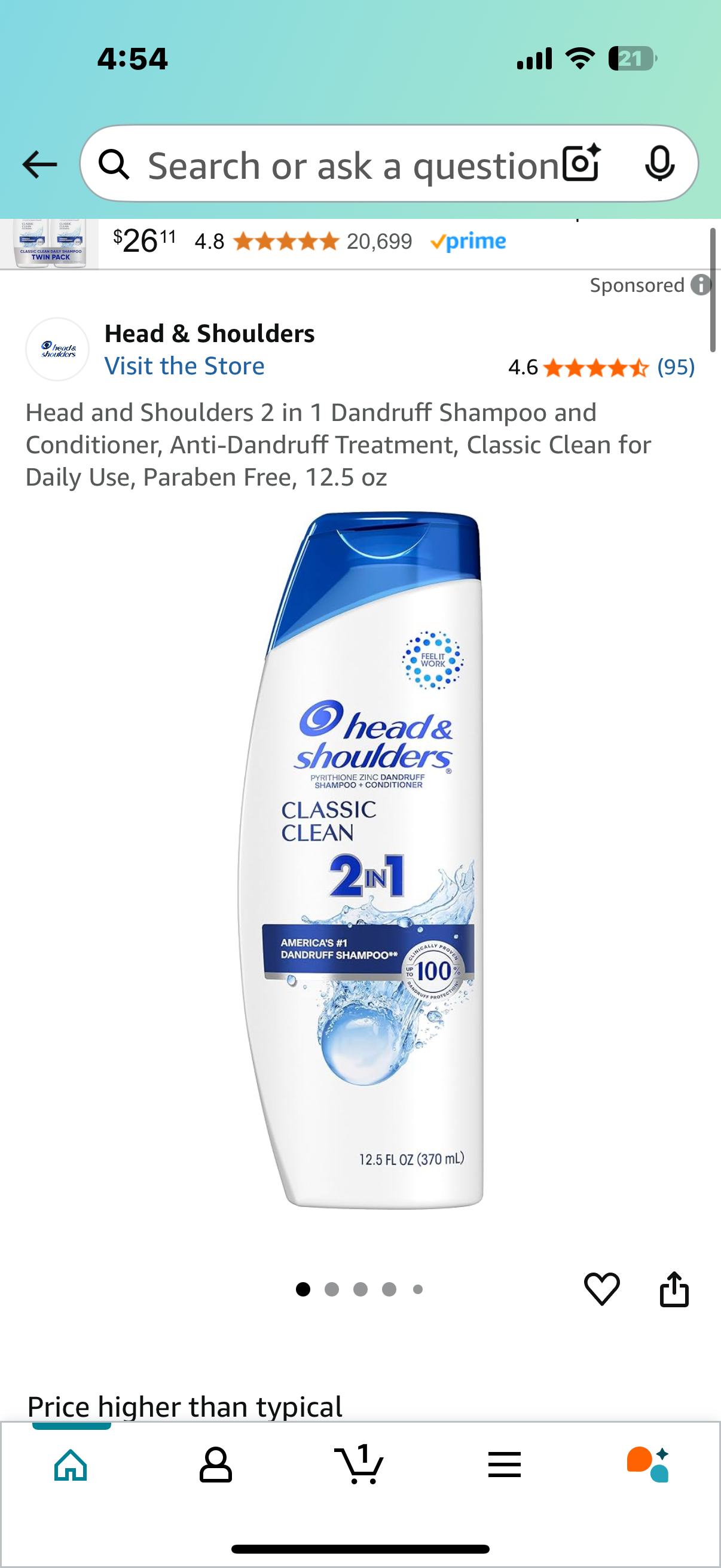 Head and Shoulders 2 in 1 Dandruff Shampoo and Conditioner, Anti-Dandruff Treatment, Classic Clean for Daily Use, Paraben Free, 12.5 oz