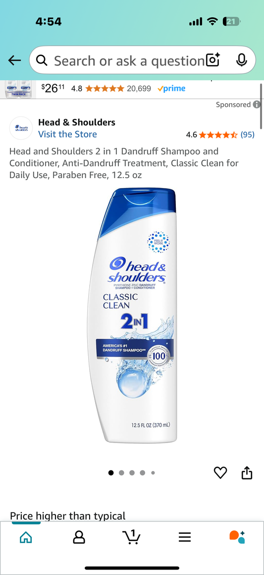 Head and Shoulders 2 in 1 Dandruff Shampoo and Conditioner, Anti-Dandruff Treatment, Classic Clean for Daily Use, Paraben Free, 12.5 oz