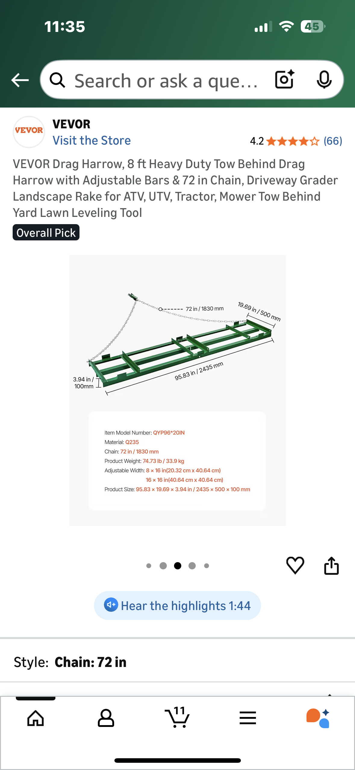 VEVOR Drag Harrow, 8 ft Heavy Duty Tow Behind Drag Harrow with Adjustable Bars & 72 in Chain, Driveway Grader, Landscape Rake, for ATV, UTV, Tractor, Mower, Tow Behind Yard Lawn Leveling Tool (G912)