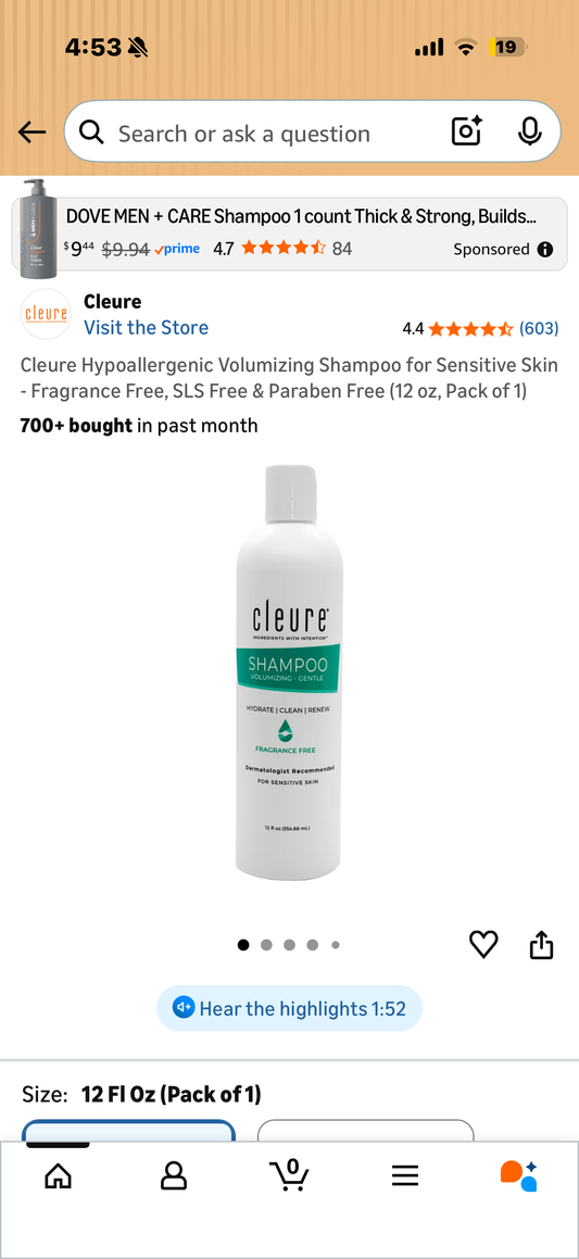 Cleure Hypoallergenic Volumizing Shampoo for Sensitive Skin - Fragrance Free, SLS Free & Paraben Free (12 oz, Pack of