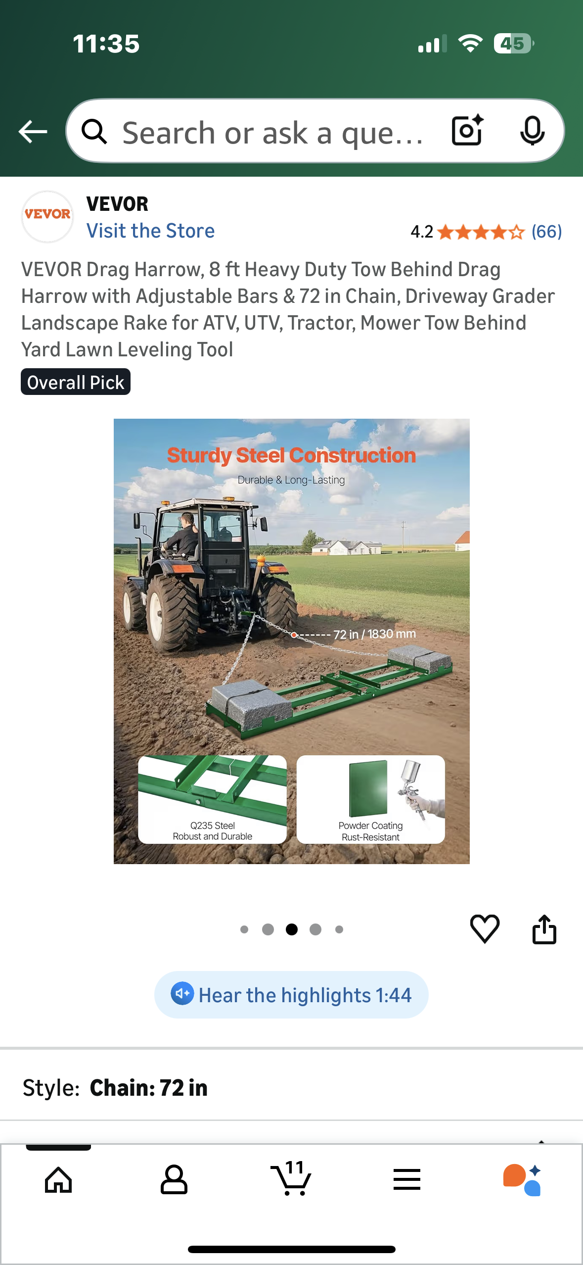 VEVOR Drag Harrow, 8 ft Heavy Duty Tow Behind Drag Harrow with Adjustable Bars & 72 in Chain, Driveway Grader, Landscape Rake, for ATV, UTV, Tractor, Mower, Tow Behind Yard Lawn Leveling Tool (G912)