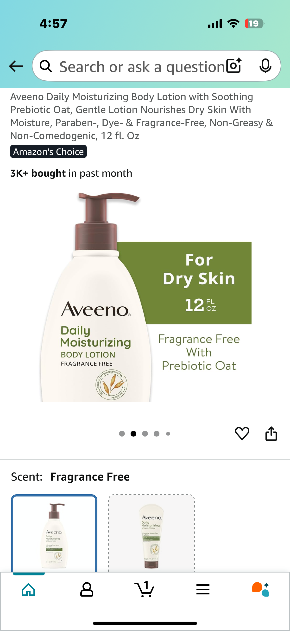 Aveeno Daily Moisturizing Body Lotion with Soothing Prebiotic Oat, Gentle Lotion Nourishes Dry Skin With Moisture, Paraben-, Dye- & Fragrance-Free, Non-Greasy & Non-Comedogenic, 12 fl. Oz