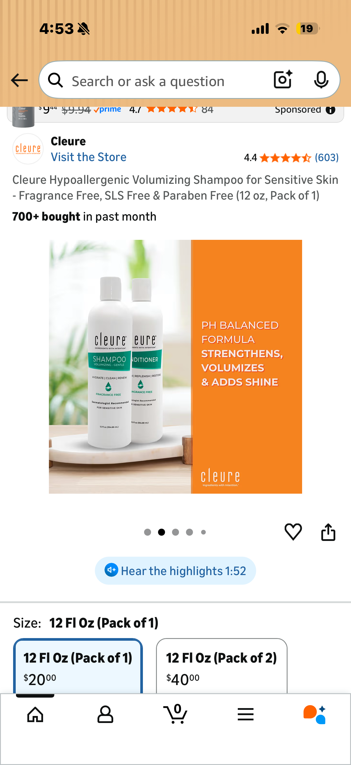 Cleure Hypoallergenic Volumizing Shampoo for Sensitive Skin - Fragrance Free, SLS Free & Paraben Free (12 oz, Pack of