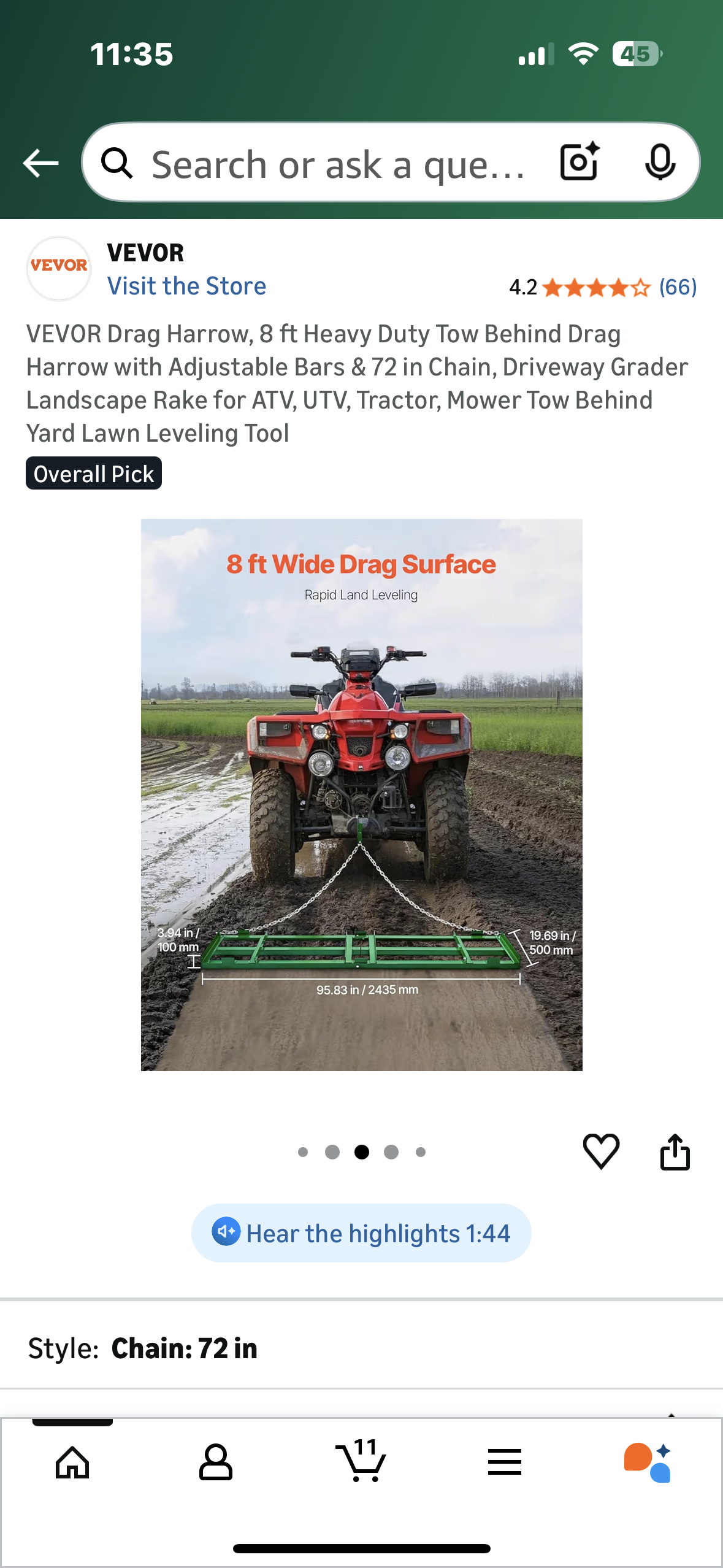 VEVOR Drag Harrow, 8 ft Heavy Duty Tow Behind Drag Harrow with Adjustable Bars & 72 in Chain, Driveway Grader, Landscape Rake, for ATV, UTV, Tractor, Mower, Tow Behind Yard Lawn Leveling Tool (G912)