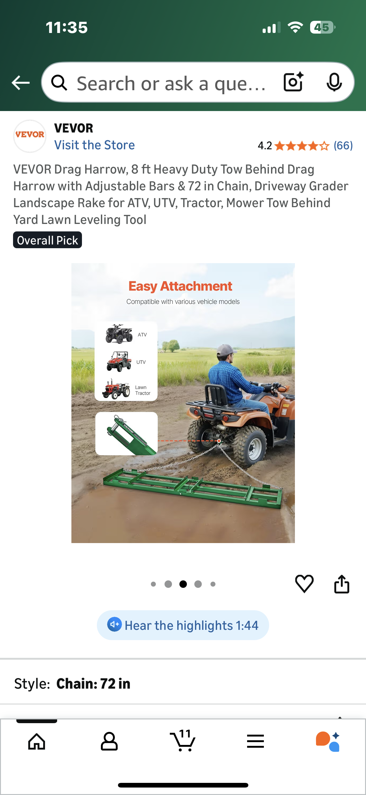 VEVOR Drag Harrow, 8 ft Heavy Duty Tow Behind Drag Harrow with Adjustable Bars & 72 in Chain, Driveway Grader, Landscape Rake, for ATV, UTV, Tractor, Mower, Tow Behind Yard Lawn Leveling Tool (G912)