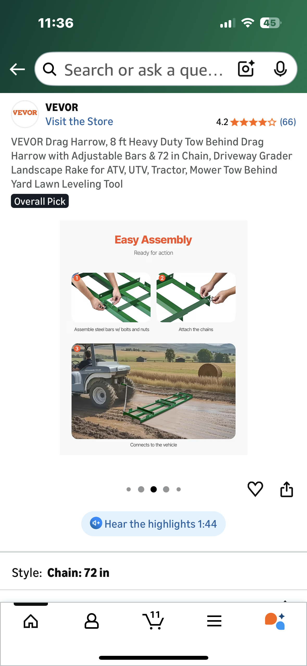 VEVOR Drag Harrow, 8 ft Heavy Duty Tow Behind Drag Harrow with Adjustable Bars & 72 in Chain, Driveway Grader, Landscape Rake, for ATV, UTV, Tractor, Mower, Tow Behind Yard Lawn Leveling Tool (G912)