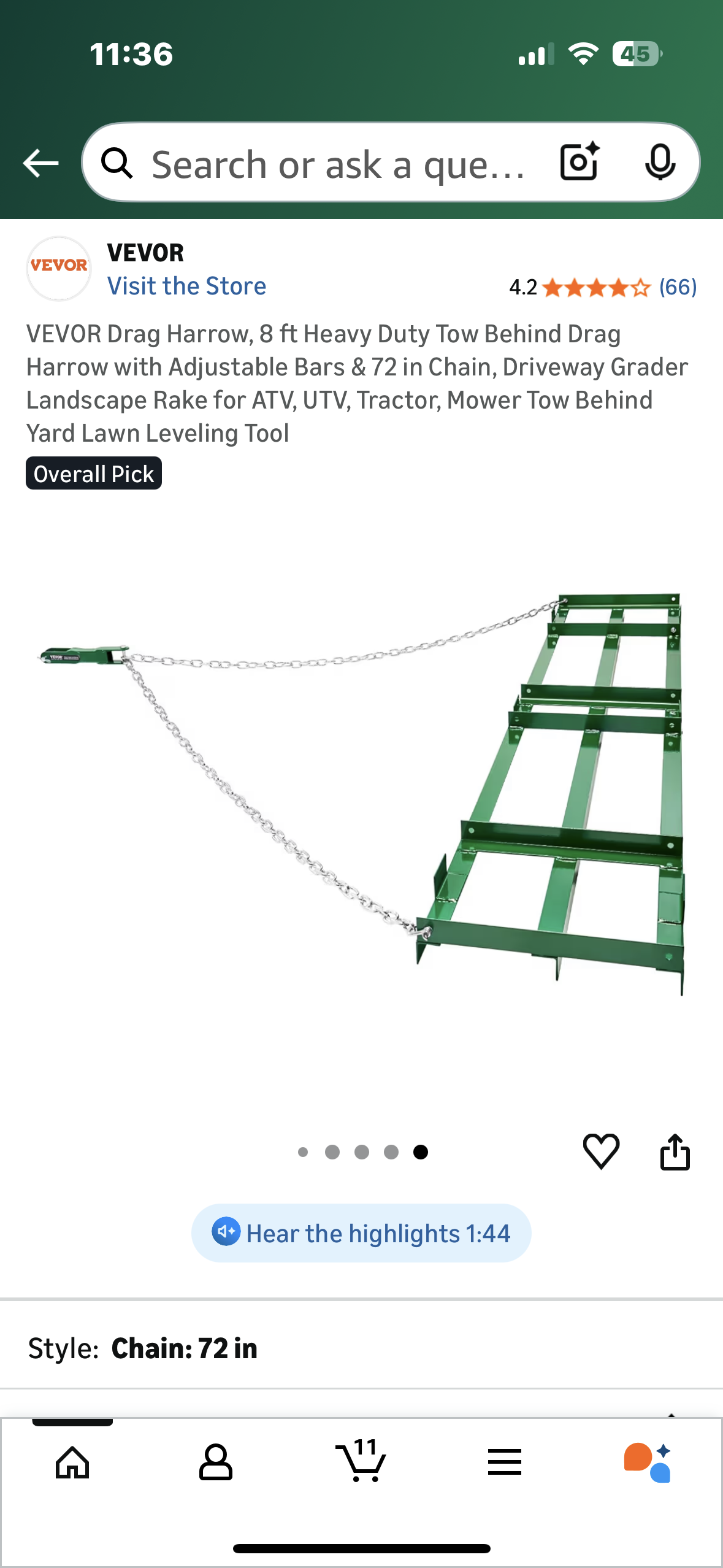 VEVOR Drag Harrow, 8 ft Heavy Duty Tow Behind Drag Harrow with Adjustable Bars & 72 in Chain, Driveway Grader, Landscape Rake, for ATV, UTV, Tractor, Mower, Tow Behind Yard Lawn Leveling Tool (G912)