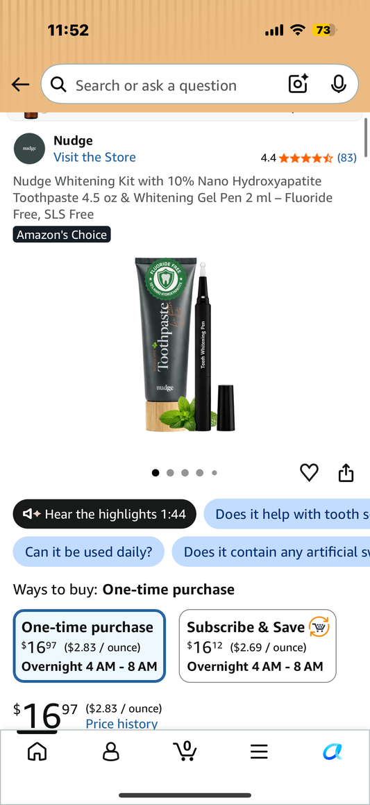 Nudge Whitening Kit with 10% Nano Hydroxyapatite Toothpaste 4.5 oz & Whitening Gel Pen 2 ml – Fluoride Free, SLS Free