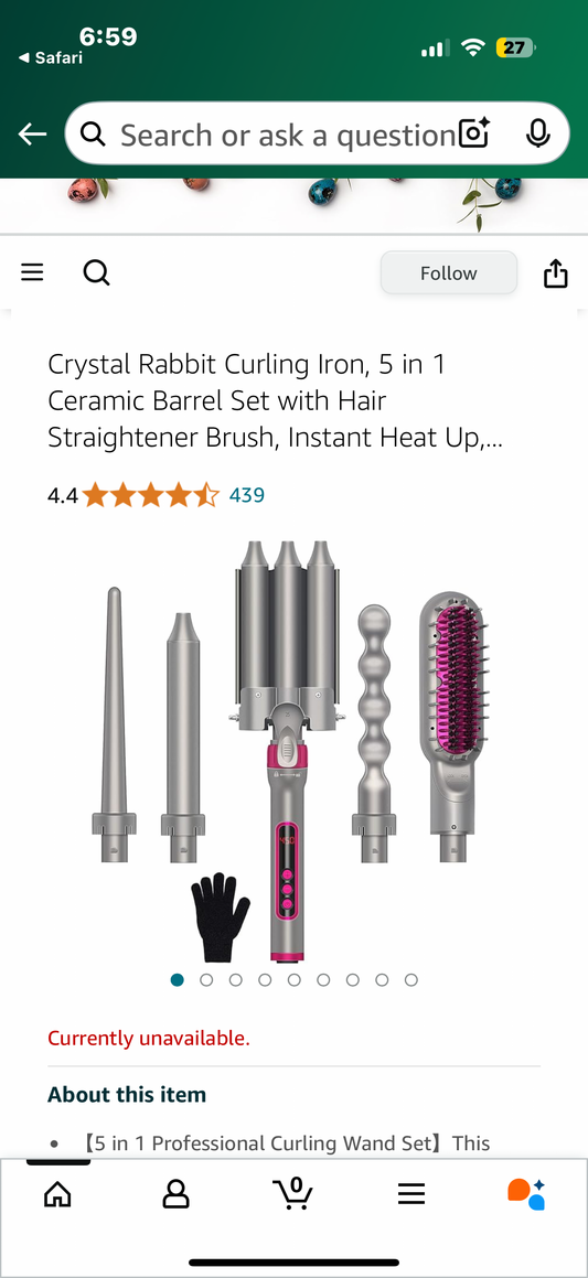 Crystal Rabbit Curling Iron, 5 in 1 Ceramic Barrel Set with Hair Straightener Brush, Instant Heat Up, LCD Temp Control, Ideal Gift